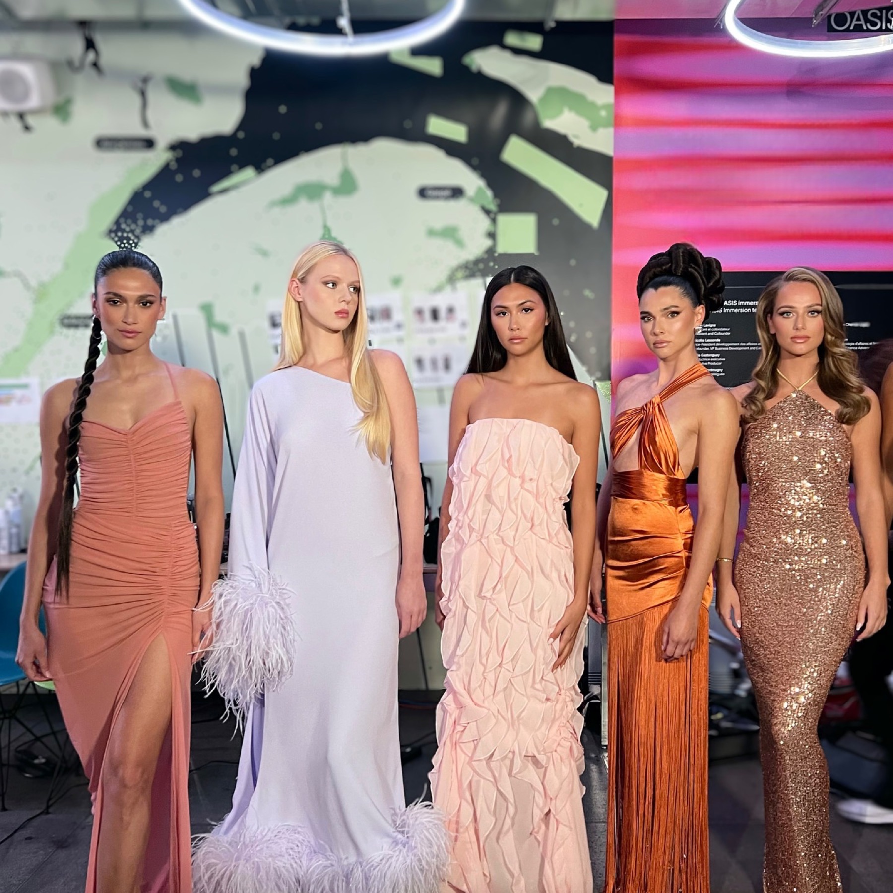 Group of five models with varied hairstyles at Kerastase 60th Anniversary event
