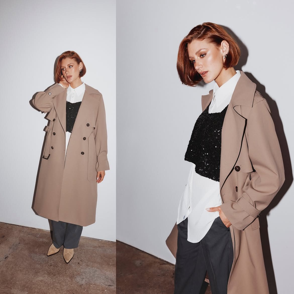 Model with sleek short bob in trenchcoat, Joelle campaign
