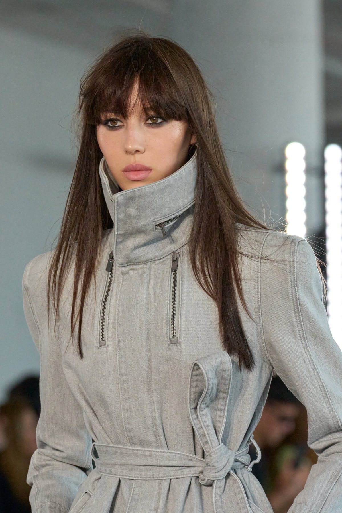 Close-up beauty detail of sleek bangs, 7 For All Mankind Spring 2027 show
