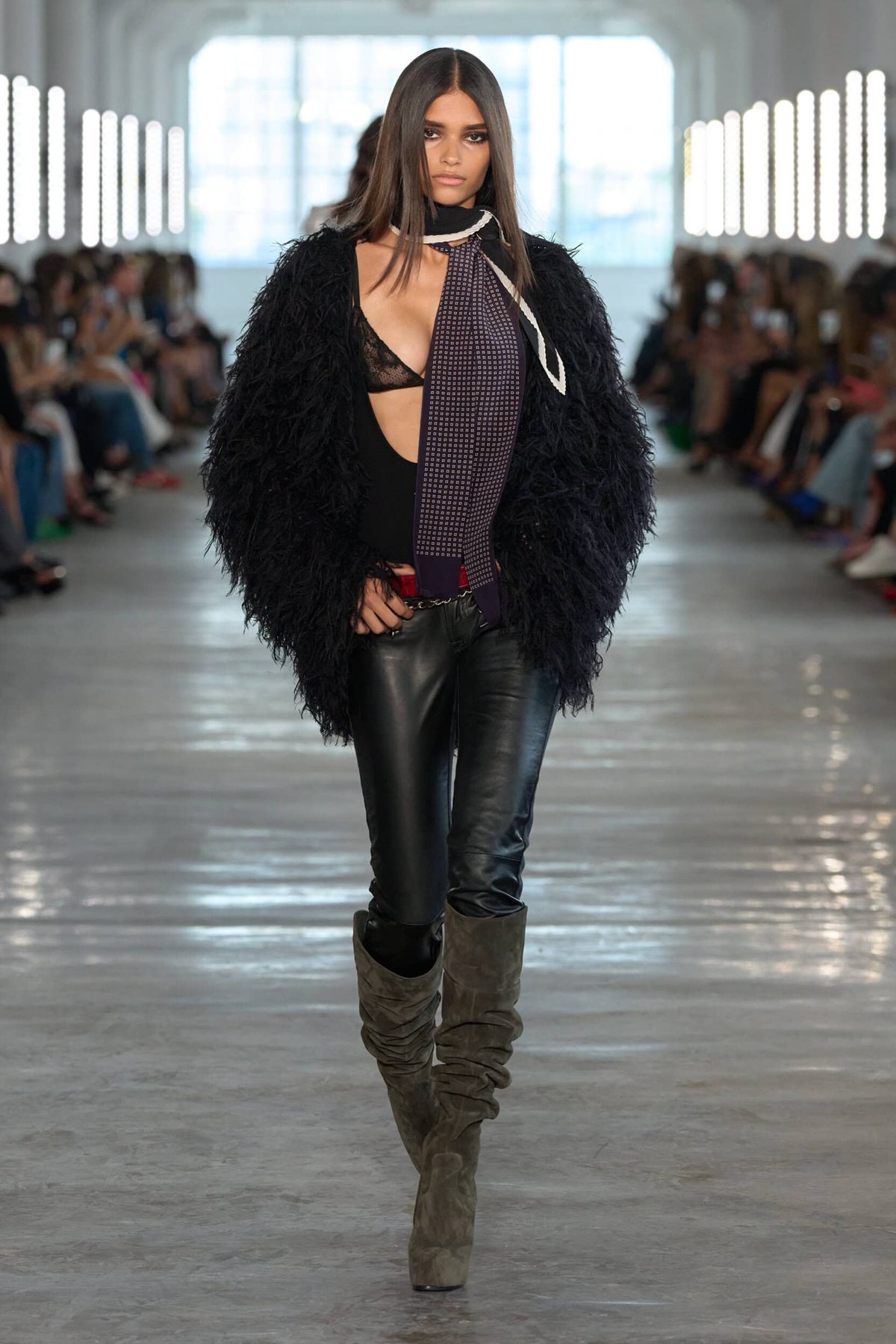 Runway model with sleek pin-straight center part, 7 For All Mankind Spring 2027 show