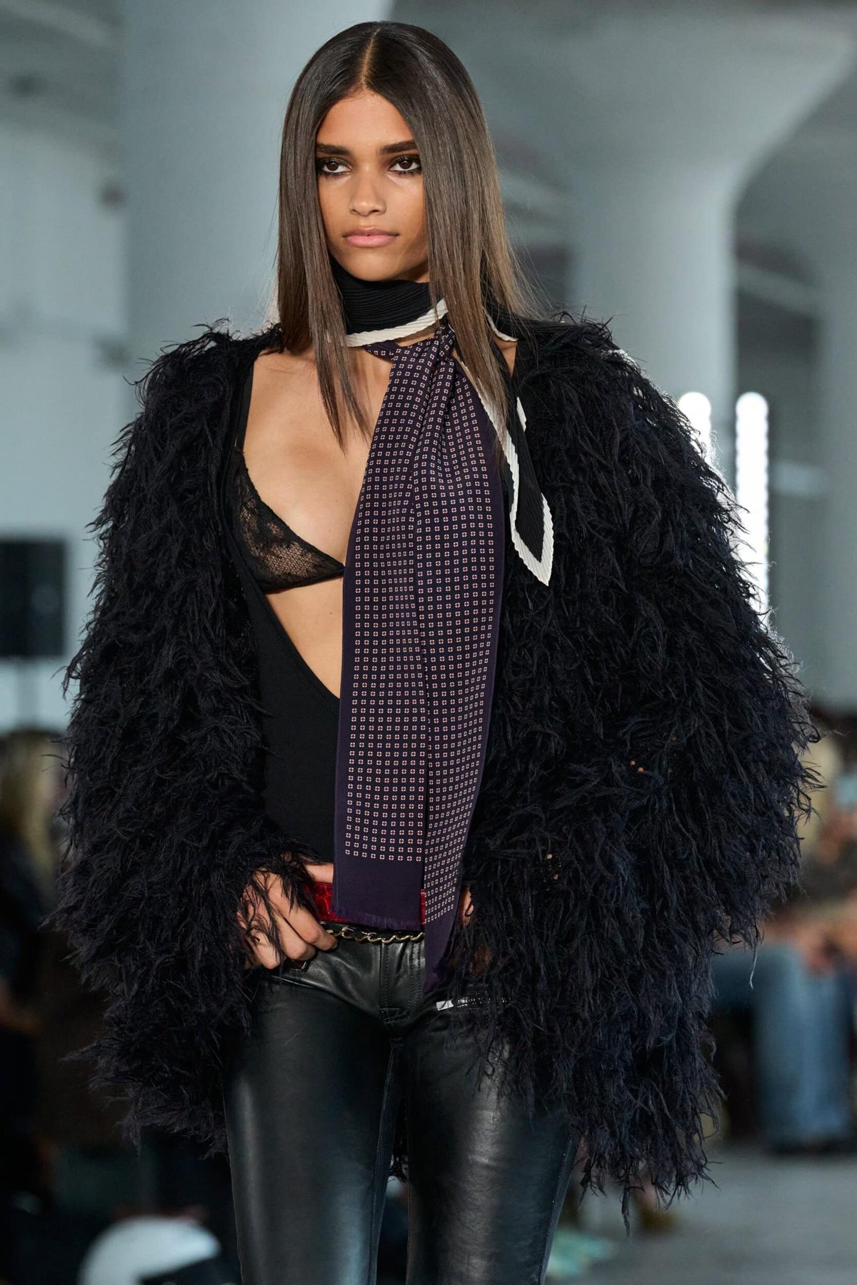 Close-up beauty detail of sleek pin-straight hair, 7 For All Mankind Spring 2027 show